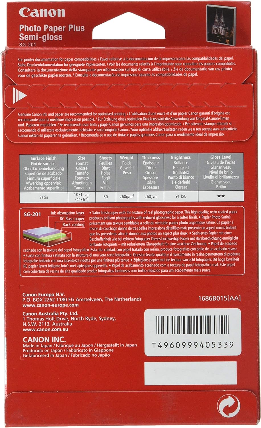 CanonSG2014X6 Original Original 1686B015-100x150mm 50 Sheets Semi-Gloss Photo Paper & Photo Paper Plus Glossy 13 x 18 cm (Pack of 20) 2311B018