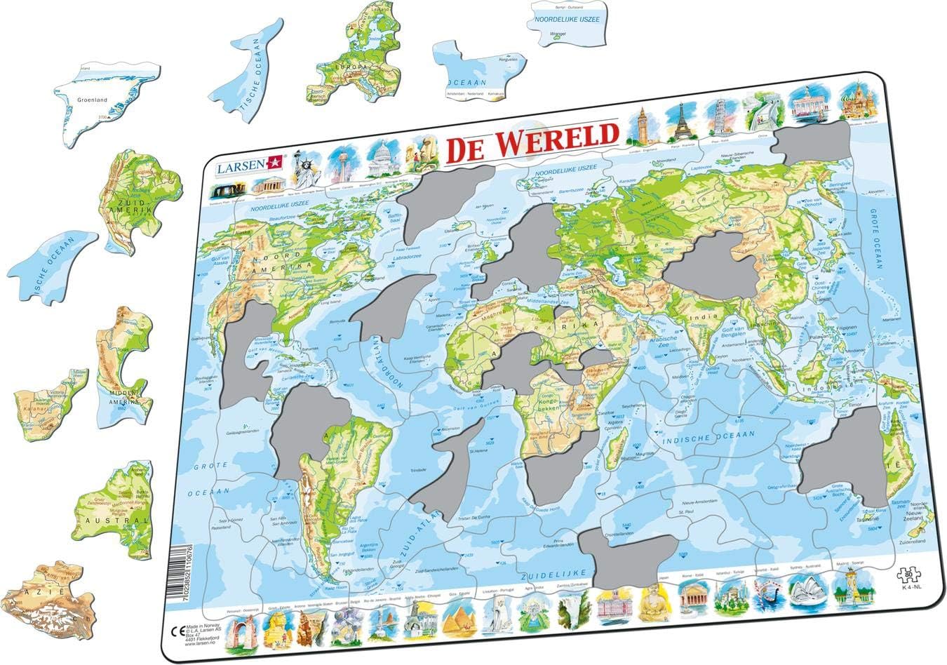 Larsen K4 The World Topographic Jigsaw Puzzle Map Dutch Edition for Children & Adults - 80 Piece Puzzle | Educational and Fun Boxless Tray & Frame Included | Made in Norway