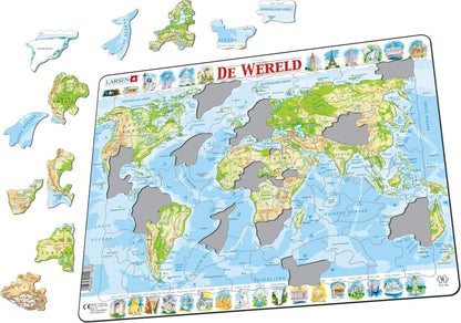Larsen K4 The World Topographic Jigsaw Puzzle Map Dutch Edition for Children & Adults - 80 Piece Puzzle | Educational and Fun Boxless Tray & Frame Included | Made in Norway