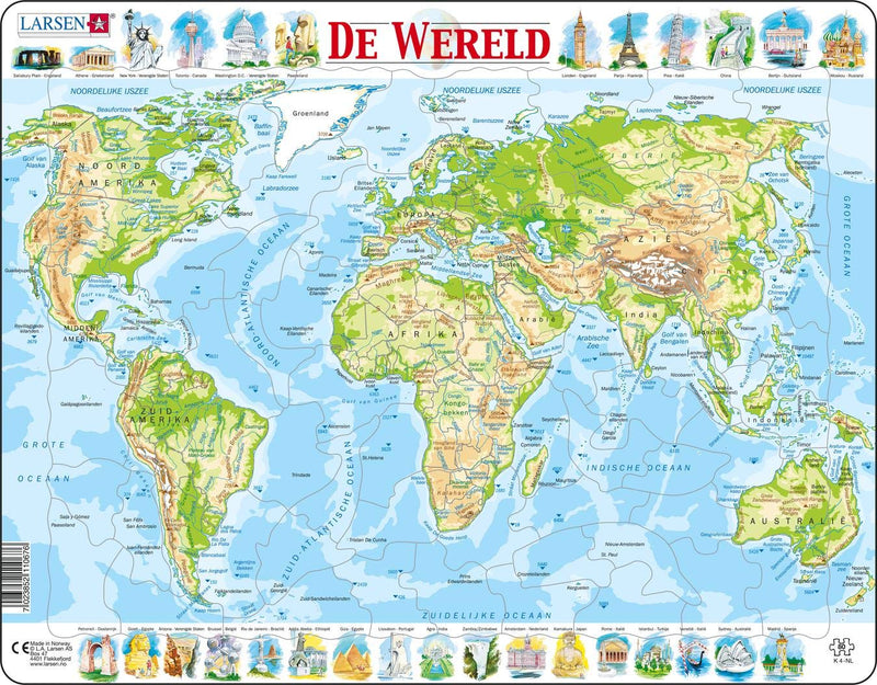 Larsen K4 The World Topographic Jigsaw Puzzle Map Dutch Edition for Children & Adults - 80 Piece Puzzle | Educational and Fun Boxless Tray & Frame Included | Made in Norway