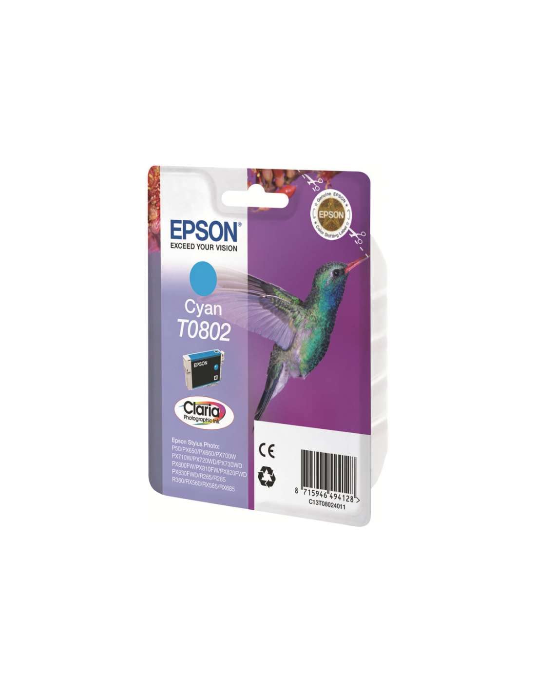 Epson T080 Serie Colibrì, Cartuccia Originale Getto d'Inchiostro Claria Photographic, Formato Standard, Ciano