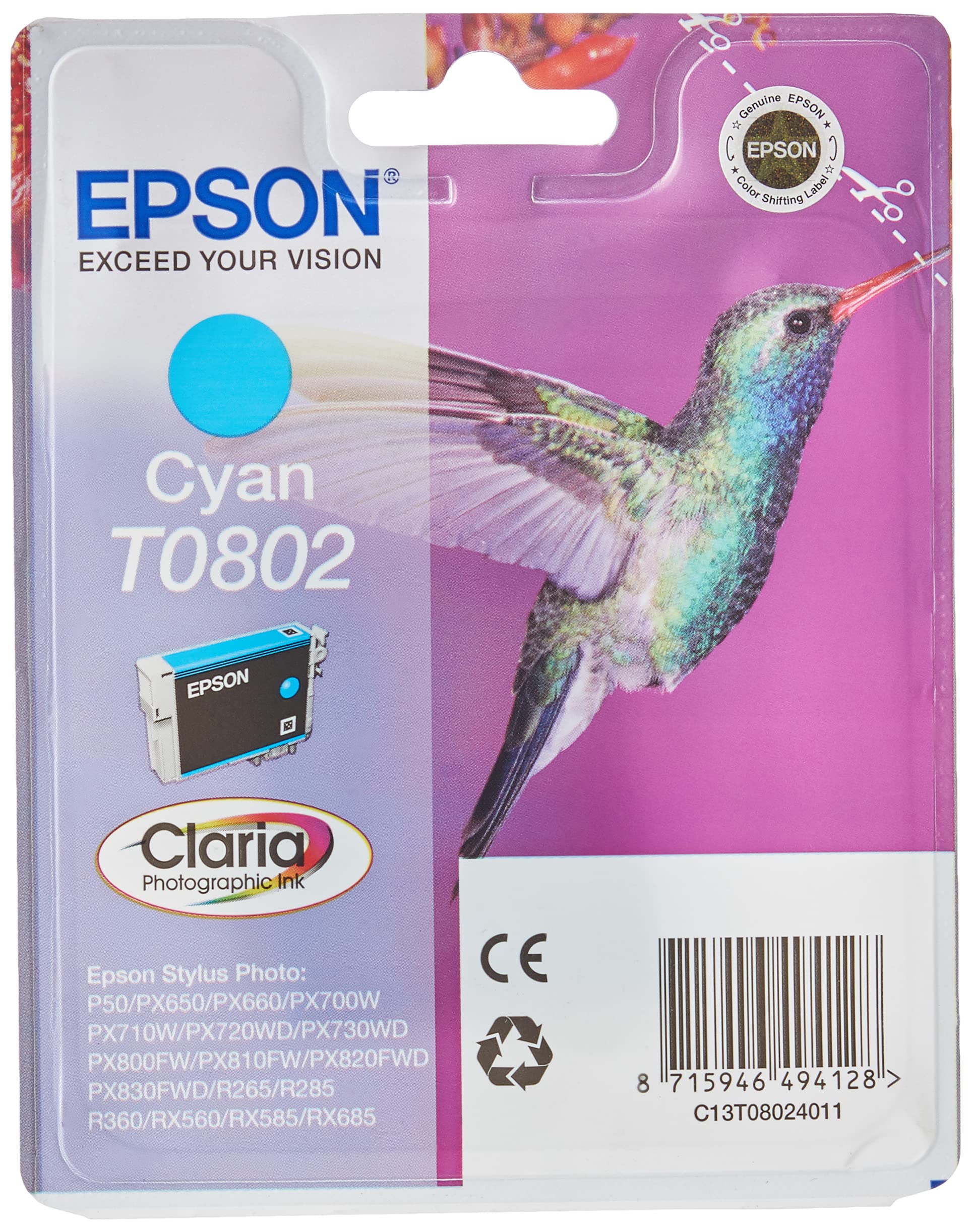 Epson T080 Serie Colibrì, Cartuccia Originale Getto d'Inchiostro Claria Photographic, Formato Standard, Ciano