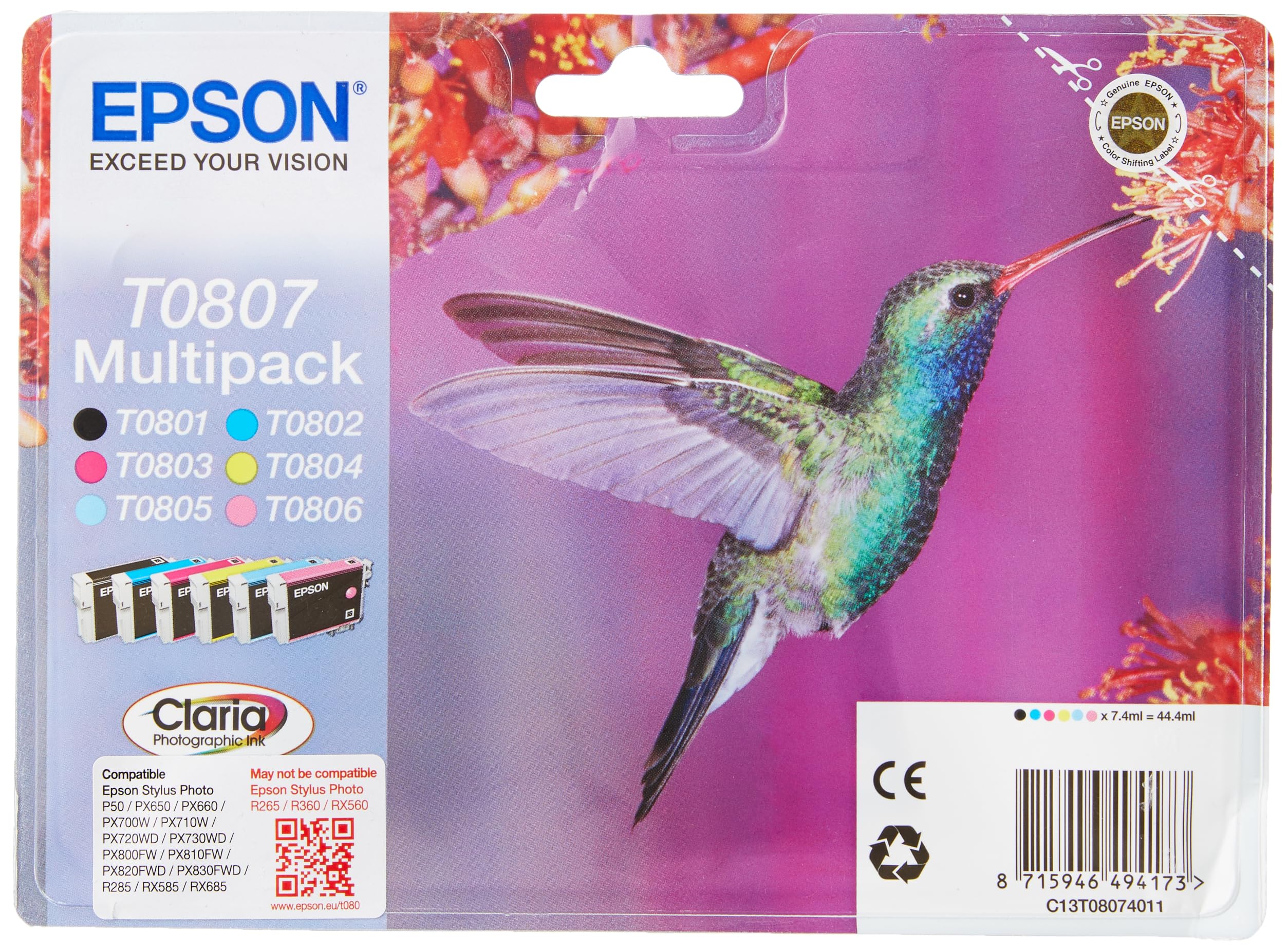 Epson T0807 Hummingbird Genuine Multipack, 6-colours Claria Photo HD Ink Cartridges