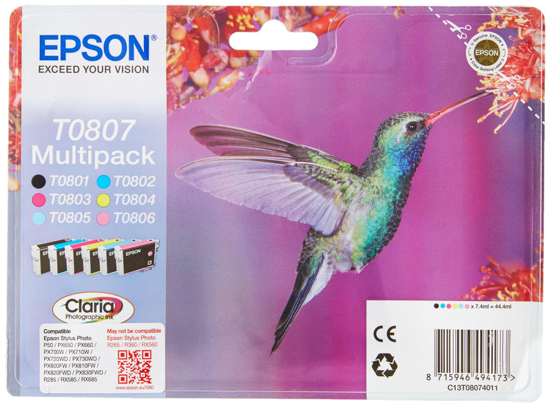 Epson T0807 Hummingbird Genuine Multipack, 6-colours Claria Photo HD Ink Cartridges
