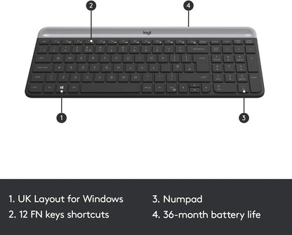 Logitech MK470 Slim Wireless Keyboard & Mouse Combo for Windows, 2.4GHz Unifying USB-Receiver, Low Profile, Whisper-Quiet, Long Battery Life, Optical Mouse, PC/Laptop, QWERTY UK Layout