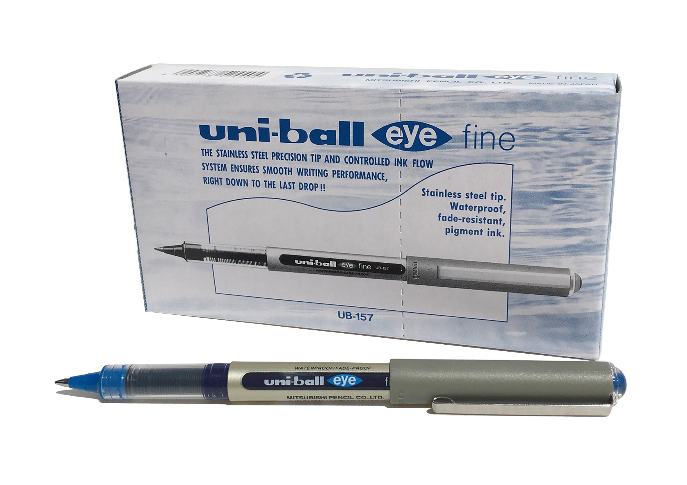 uni-ball UB-157 Eye Blue Rollerball Pens. Premium Fine 0.7mm Ballpoint Tip for Super Smooth Handwriting, Drawing, Art, Crafts and Colouring. Fade and Water Resistant Liquid Uni Super Ink. Box of 12