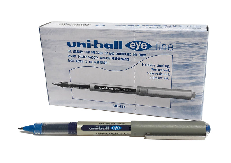 uni-ball UB-157 Eye Blue Rollerball Pens. Premium Fine 0.7mm Ballpoint Tip for Super Smooth Handwriting, Drawing, Art, Crafts and Colouring. Fade and Water Resistant Liquid Uni Super Ink. Box of 12