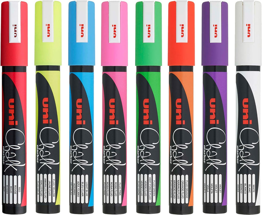 uni-ball PWE-5M Liquid Chalk Pens. Multi-Purpose Wipeable Coloured Markers for Blackboards, Chalkboards, Whiteboards, Glass, Mirrors, Plastic, Windows, Metal. Safe for Kids. Bullet Tip. 8 Pack