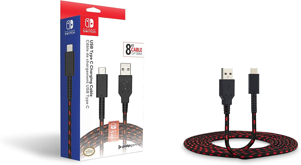 PDP Gaming Charge Cable | 8 Feet USB C Charger: Black/Red - Nintendo Switch