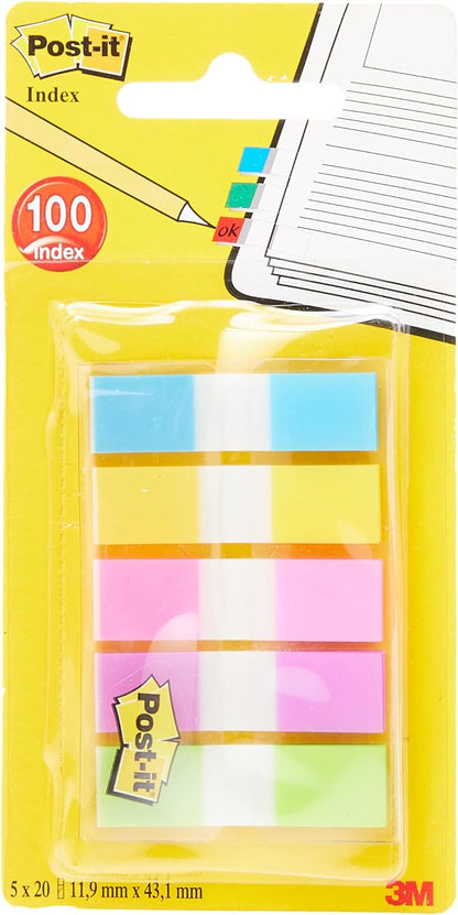 Post-it Index Small In a Plastic Dispenser, Assorted Bright Colours, 5 Packs of 20 Sticking Strips - To Mark, Highlight or Color Code Important Information