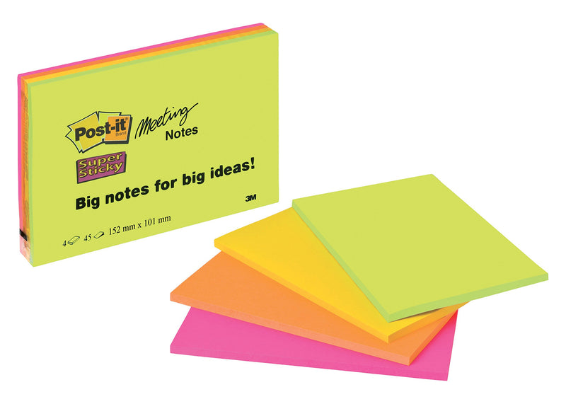 Post-it Super Sticky Large Notes, Pack of 4 Pads, 45 Sheets per Pad, 152 mm x 101 mm, Green, Yellow, Orange, Pink Colors - Large Extra Sticky Notes For Note Taking, To Do Lists & Reminders