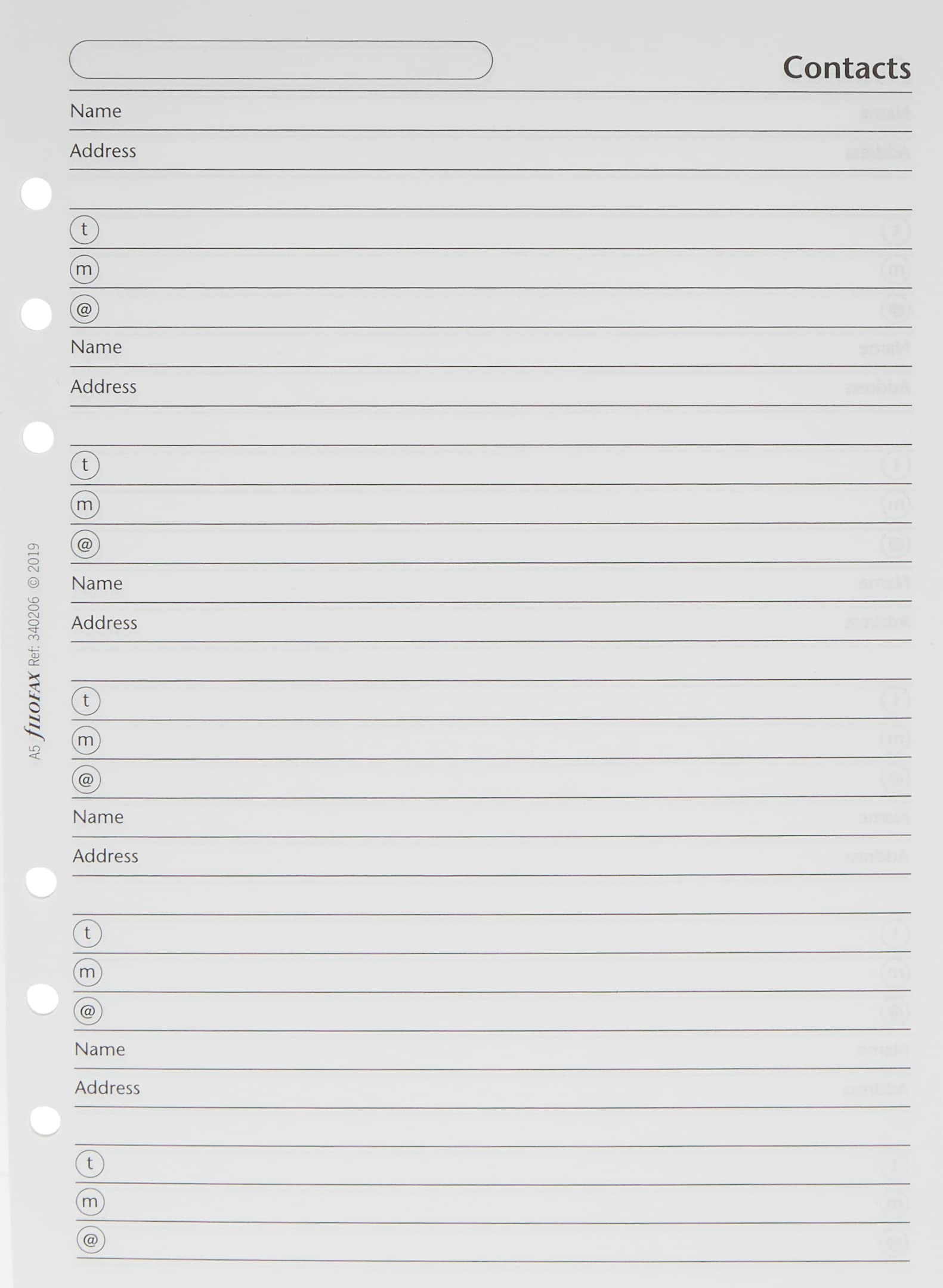 A5 Filofax Contacts Refill. Name, Address, Telephone, Mobile, E-Mail.