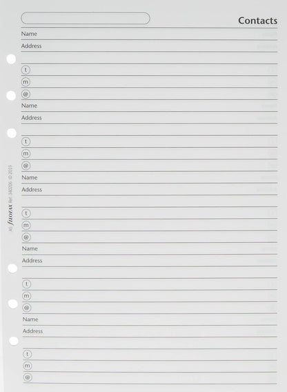 A5 Filofax Contacts Refill. Name, Address, Telephone, Mobile, E-Mail.