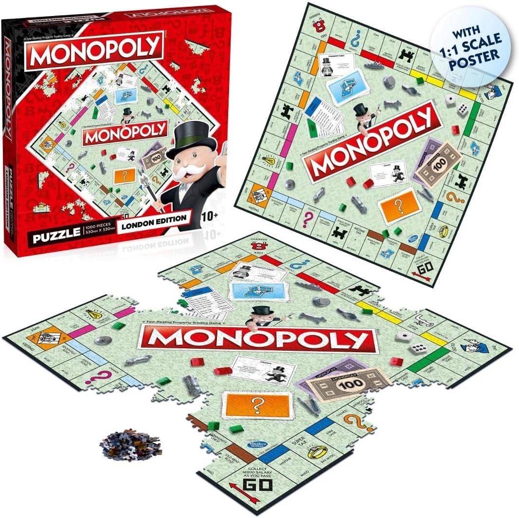 Winning Moves London Monopoly 1000 Piece Jigsaw Puzzle Game, Piece together the iconic Monopoly game board with memorable spaces including Mayfair, Old Kent Road and Fleet Street, for ages 10 plus