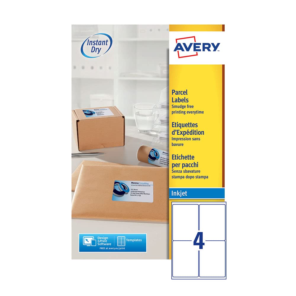 Avery Self Adhesive Parcel Shipping Labels, Inkjet Printers, 4 Labels Per A4 sheet, 100 labels, QuickDRY (J8169), White