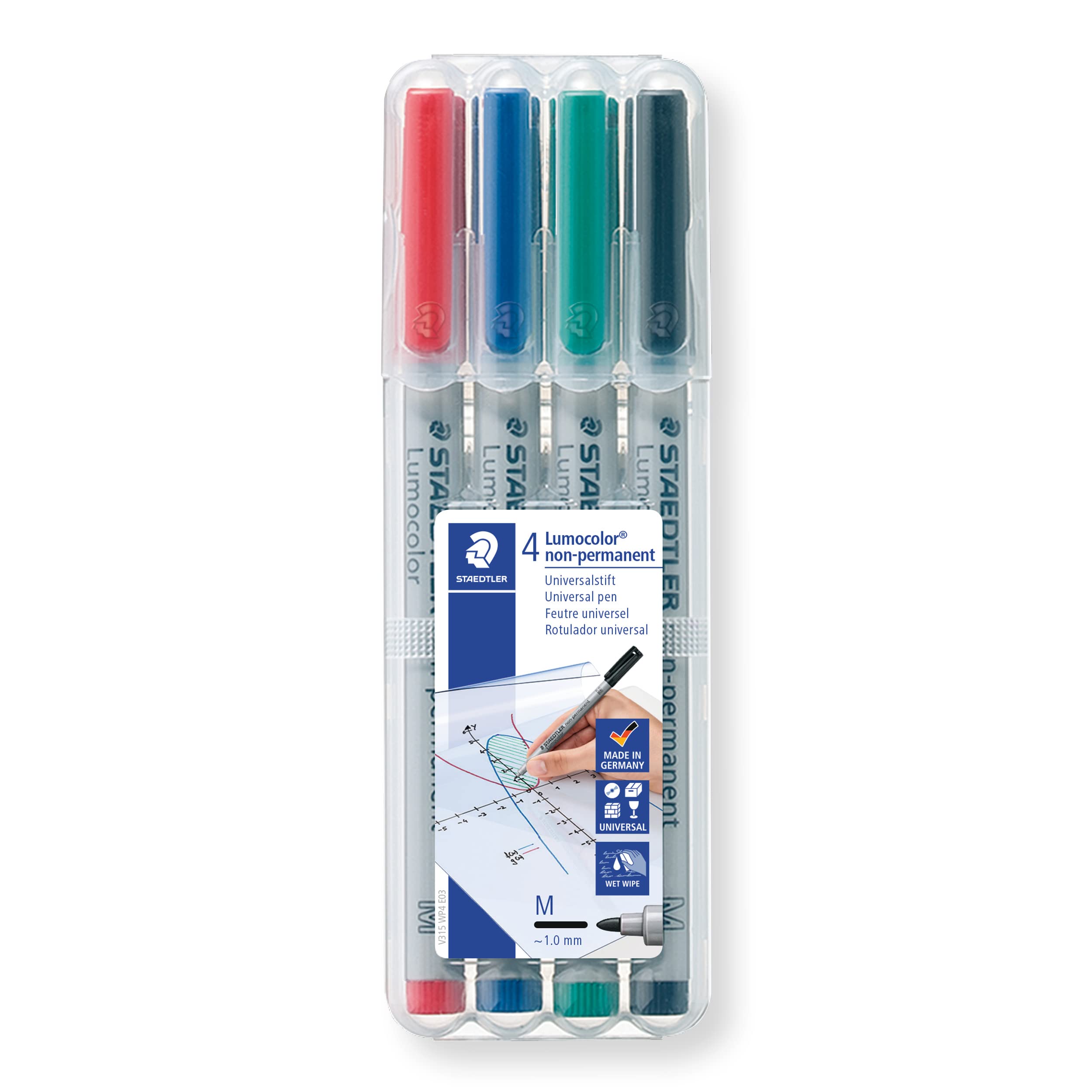 STAEDTLER 315 WP4 Lumocolor Non-Permanent Pen, Medium Line Width, 1.0mm - Assorted Colours (Pack of 4