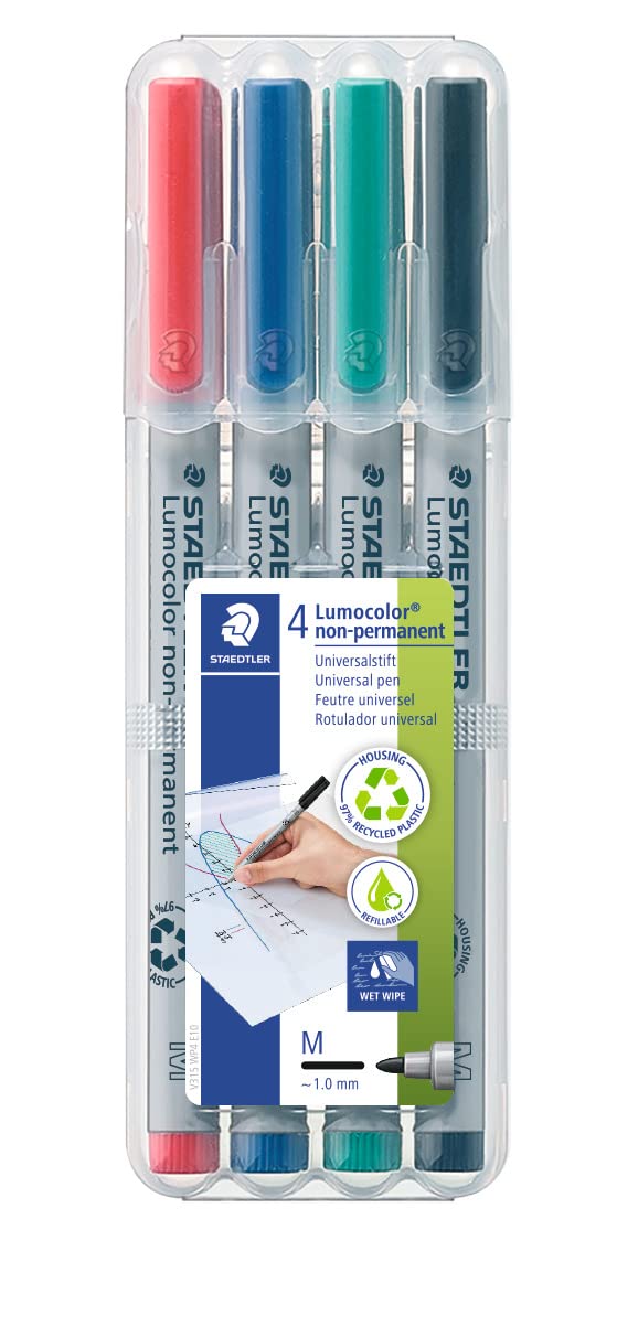 STAEDTLER 315 WP4 Lumocolor Non-Permanent Pen, Medium Line Width, 1.0mm - Assorted Colours (Pack of 4