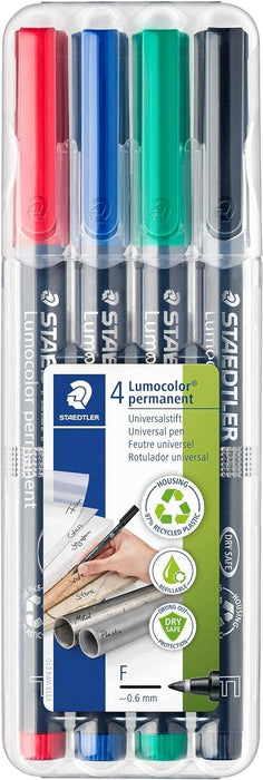 STAEDTLER 318 WP4 Lumocolor Permanent Pen, Fine Line Width, 0.6mm - Assorted Colours (Pack of 4