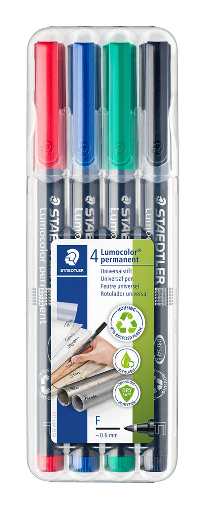 STAEDTLER 318 WP4 Lumocolor Permanent Pen, Fine Line Width, 0.6mm - Assorted Colours (Pack of 4