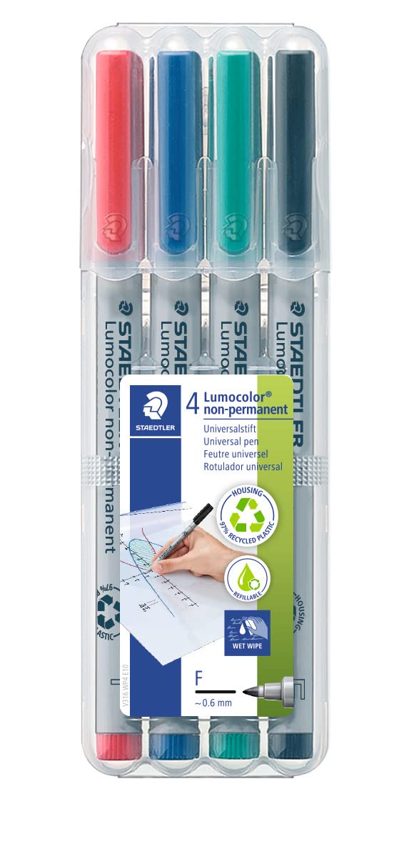 STAEDTLER 316 WP4 Lumocolor Non-Permanent Pen, Fine Line Width, 0.6mm - Assorted Colours (Pack of 4