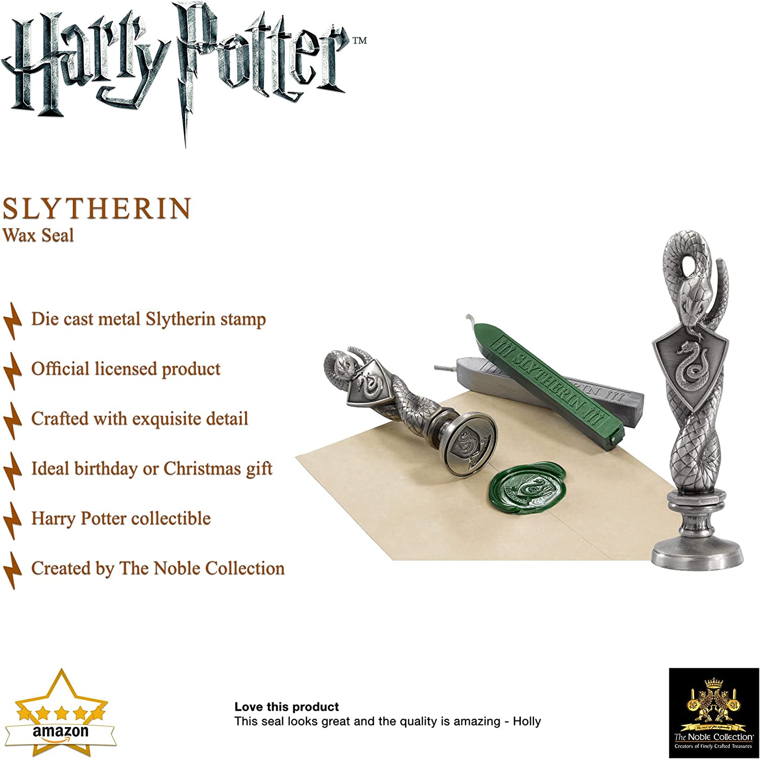 The Noble Collection Harry Potter Slytherin Wax Seal - 6.5in (16.5cm) Die Cast Metal Stamp and Coloured Green and Silver Wax Set - Officially Licensed Film Set Movie Props Gifts Stationery
