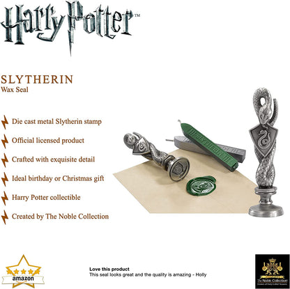 The Noble Collection Harry Potter Slytherin Wax Seal - 6.5in (16.5cm) Die Cast Metal Stamp and Coloured Green and Silver Wax Set - Officially Licensed Film Set Movie Props Gifts Stationery