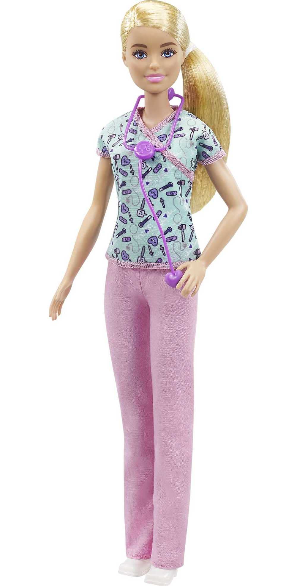 Barbie Nurse Blonde Doll (12-in/30.40-cm) with Scrubs Featuring a Medical Tool Print Top & Pink Pants, White Shoes & StethoscopeAccessory, Great Gift for Ages 3 Years Old & Up, GTW39