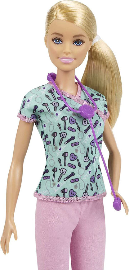 Barbie Nurse Blonde Doll (12-in/30.40-cm) with Scrubs Featuring a Medical Tool Print Top & Pink Pants, White Shoes & StethoscopeAccessory, Great Gift for Ages 3 Years Old & Up, GTW39