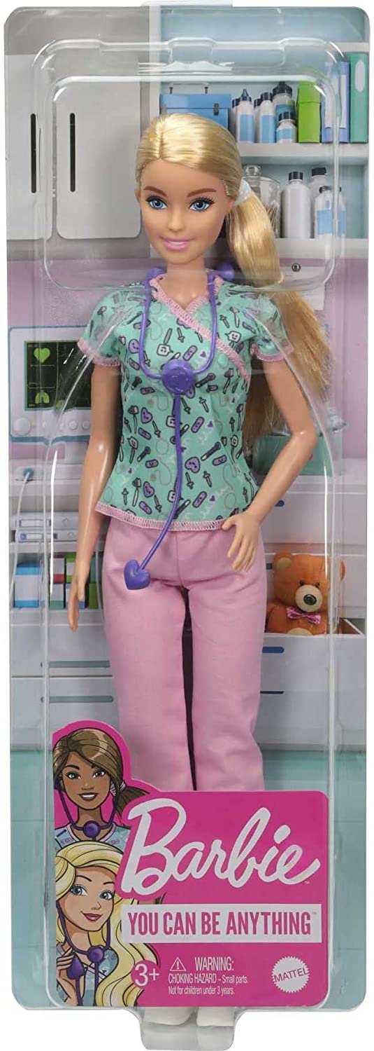 Barbie Nurse Blonde Doll (12-in/30.40-cm) with Scrubs Featuring a Medical Tool Print Top & Pink Pants, White Shoes & StethoscopeAccessory, Great Gift for Ages 3 Years Old & Up, GTW39