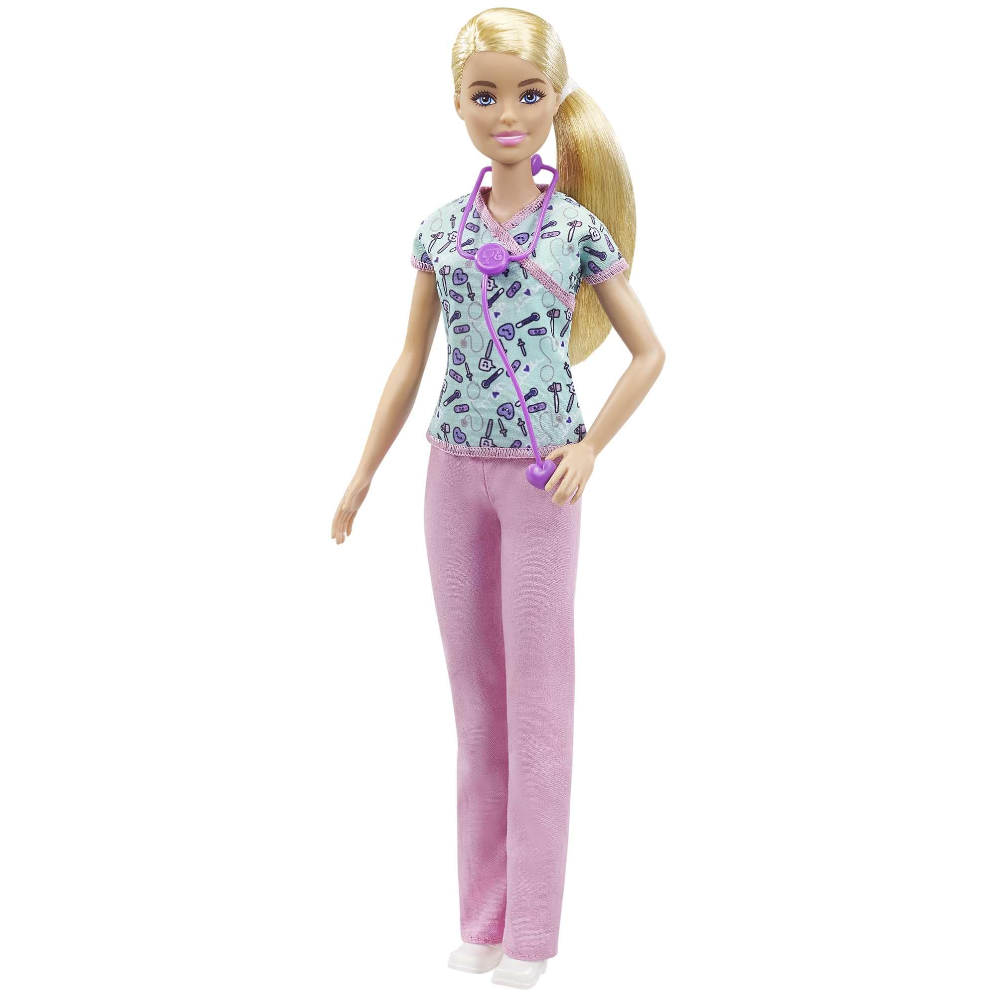 Barbie Nurse Blonde Doll (12-in/30.40-cm) with Scrubs Featuring a Medical Tool Print Top & Pink Pants, White Shoes & StethoscopeAccessory, Great Gift for Ages 3 Years Old & Up, GTW39