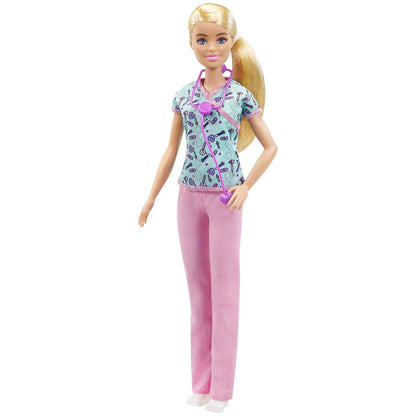 Barbie Nurse Blonde Doll (12-in/30.40-cm) with Scrubs Featuring a Medical Tool Print Top & Pink Pants, White Shoes & StethoscopeAccessory, Great Gift for Ages 3 Years Old & Up, GTW39