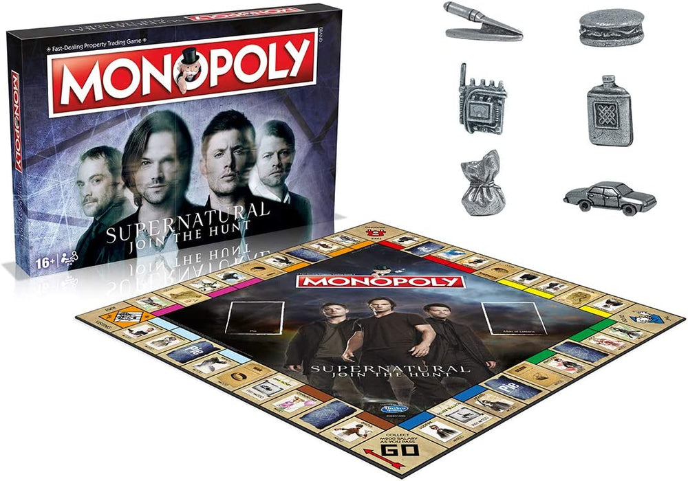 Winning Moves Supernatural Monopoly Board Game, únete a los Hermanos Winchester Sam y Dean, avanza a Vampiro y Hombre Lobo e intercambia tu Camino hacia el éxito, para Edades de 16 años en adelante,