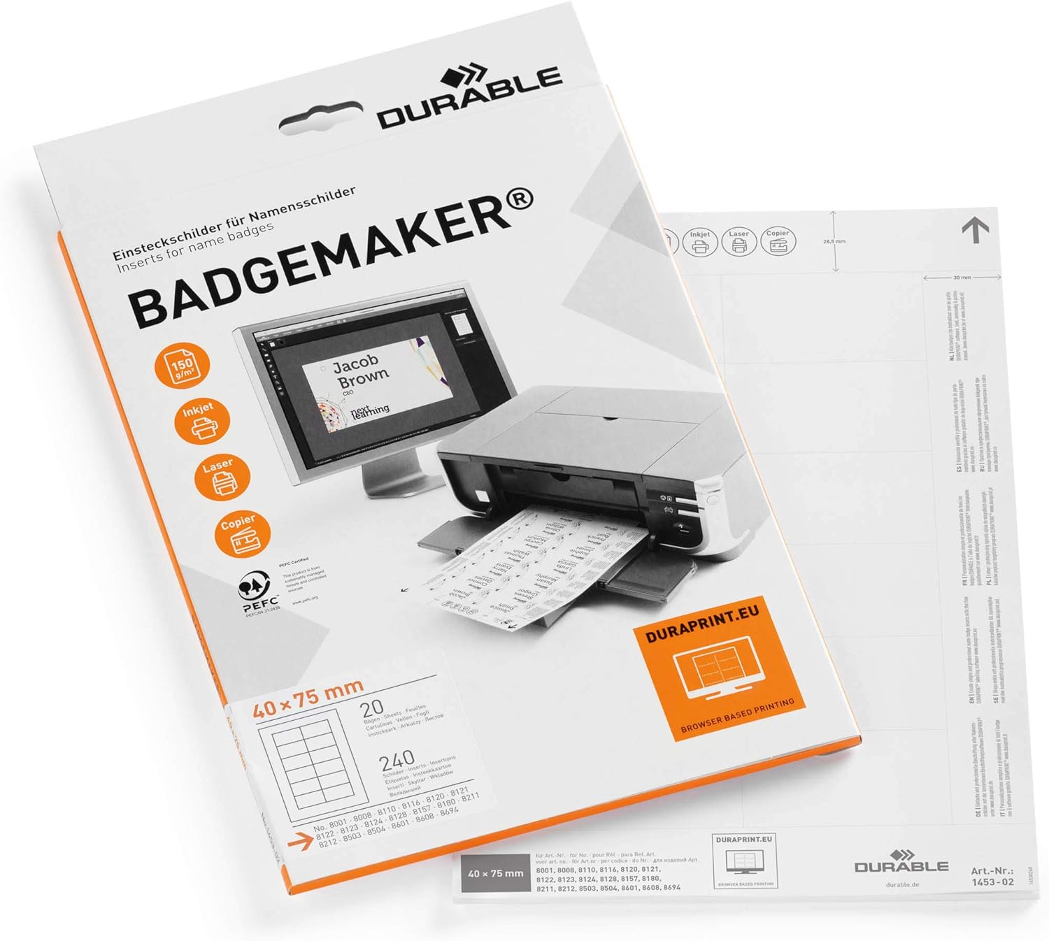 Durable BADGEMAKER Inserts 40 x 75 mm | Pack of 240 Inserts | PrinTable Name Badge Inserts | Create Professional Badges In Minutes