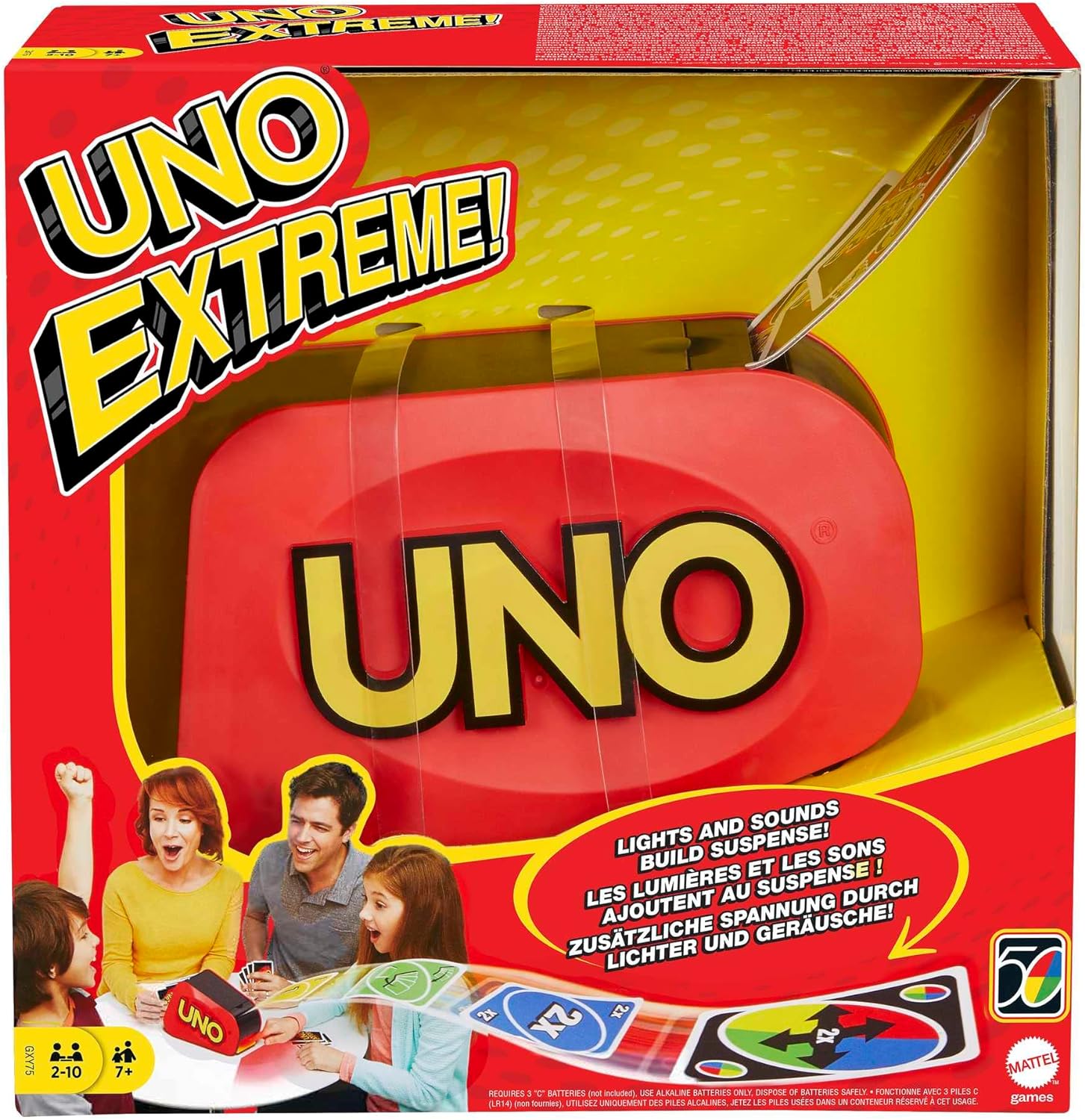 Mattel Games UNO Extreme!, Uno Kartenspiel für die Familie, mit Kartenwerfer, Perfekt als Kinderspiel, Reisespiel oder Spiel für Erwachsene, für 2-10 Spieler, ab 7 Jahren, GXY75, UNO Extreme Card Game Featuring Random-Action Launcher with Lights & Sounds