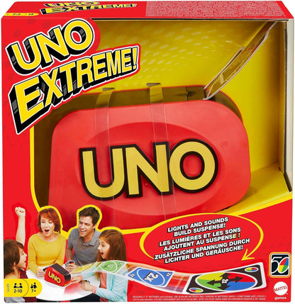 Mattel Games UNO Extreme!, Uno Kartenspiel für die Familie, mit Kartenwerfer, Perfekt als Kinderspiel, Reisespiel oder Spiel für Erwachsene, für 2-10 Spieler, ab 7 Jahren, GXY75, UNO Extreme Card Game Featuring Random-Action Launcher with Lights & Sounds