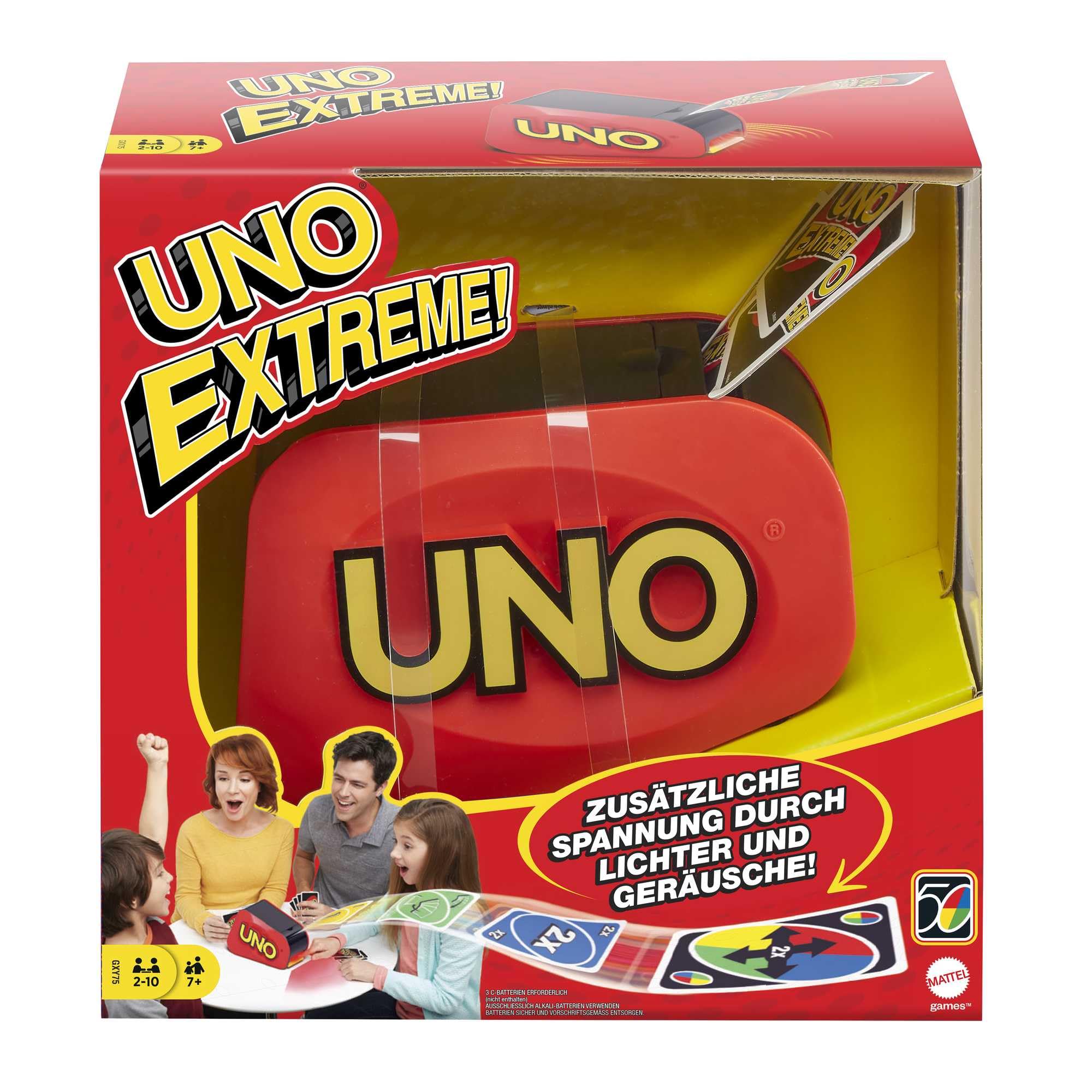 Mattel Games UNO Extreme!, Uno Kartenspiel für die Familie, mit Kartenwerfer, Perfekt als Kinderspiel, Reisespiel oder Spiel für Erwachsene, für 2-10 Spieler, ab 7 Jahren, GXY75, UNO Extreme Card Game Featuring Random-Action Launcher with Lights & Sounds