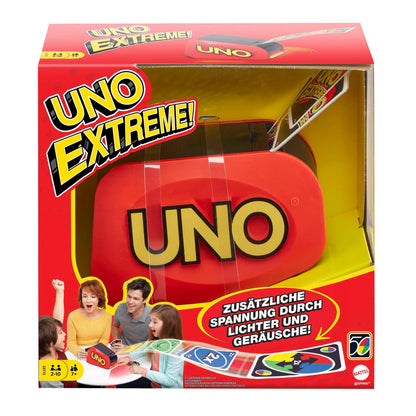 Mattel Games UNO Extreme!, Uno Kartenspiel für die Familie, mit Kartenwerfer, Perfekt als Kinderspiel, Reisespiel oder Spiel für Erwachsene, für 2-10 Spieler, ab 7 Jahren, GXY75, UNO Extreme Card Game Featuring Random-Action Launcher with Lights & Sounds