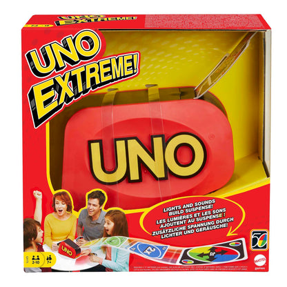 Mattel Games UNO Extreme!, Uno Kartenspiel für die Familie, mit Kartenwerfer, Perfekt als Kinderspiel, Reisespiel oder Spiel für Erwachsene, für 2-10 Spieler, ab 7 Jahren, GXY75, UNO Extreme Card Game Featuring Random-Action Launcher with Lights & Sounds