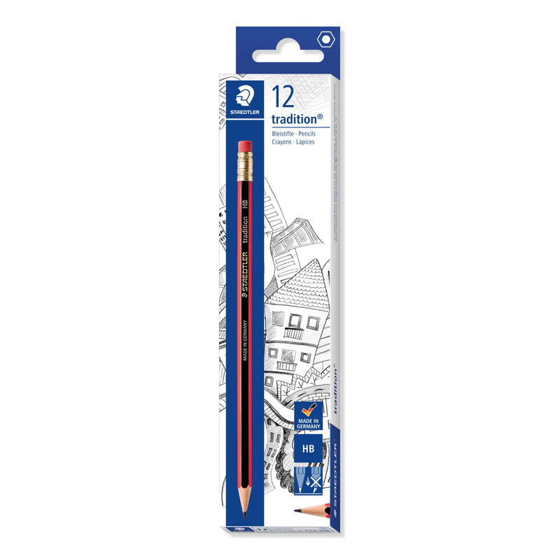 STAEDTLER 112-HB Tradition Graphite Pencil for Drawing & Sketching - HB, Eraser-Tip (Box of 12
