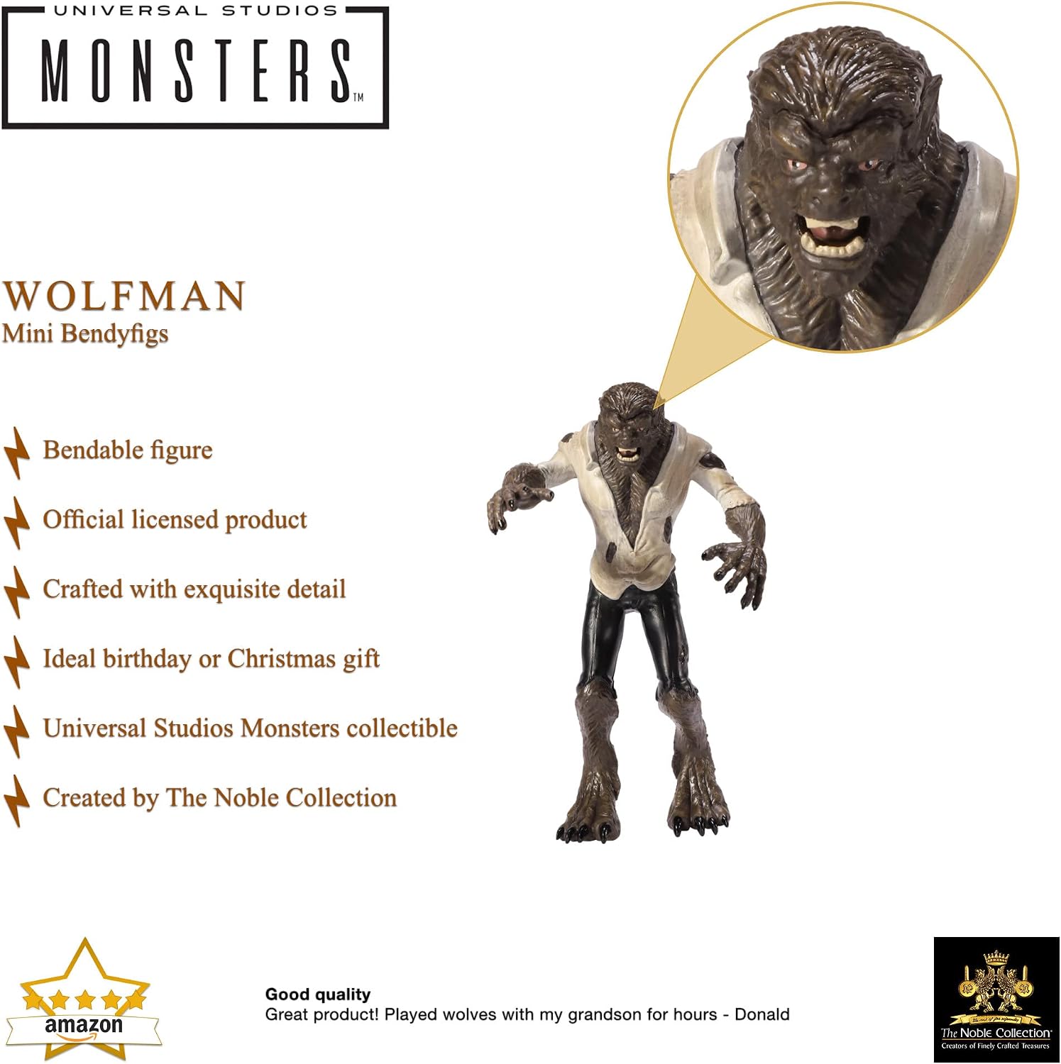 BendyFigs The Noble Collection Universal Monsters Mini Wolf-Man - 5.5in (14cm) Noble Toys Miniature Bendable Figure Posable Doll Figures