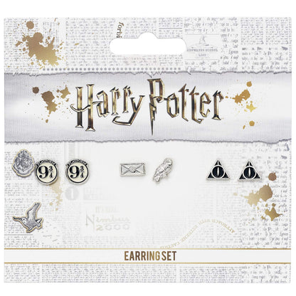 Official Harry Potter Stud Earring Set including Platform 9 3/4, Hedwig & Letter, and the Deathly Hallows earrings by The Carat Shop