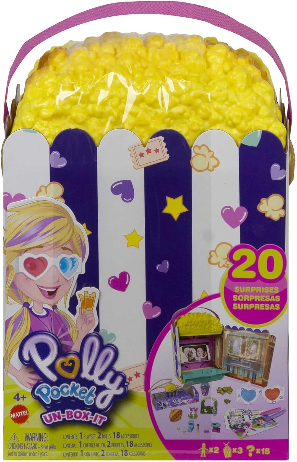 Polly Pocket Cofre con Forma de Cubo de Palomitas, Incluye 20 sorpresas, Juguete para Regalo +4 años (Mattel GVC96