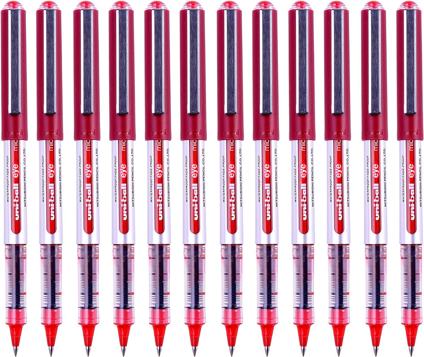 uni-ball UB-150 Eye Red Rollerball Pens. Premium Micro 0.5mm Ballpoint Tip for Super Smooth Handwriting, Drawing, Art, Crafts and Colouring. Fade and Water Resistant Liquid Uni Super Ink. Box of 12
