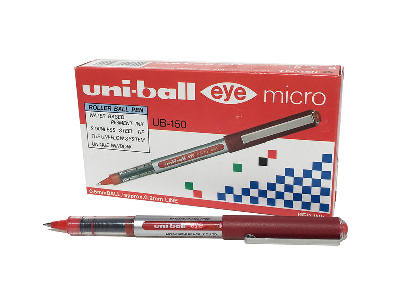 uni-ball UB-150 Eye Red Rollerball Pens. Premium Micro 0.5mm Ballpoint Tip for Super Smooth Handwriting, Drawing, Art, Crafts and Colouring. Fade and Water Resistant Liquid Uni Super Ink. Box of 12