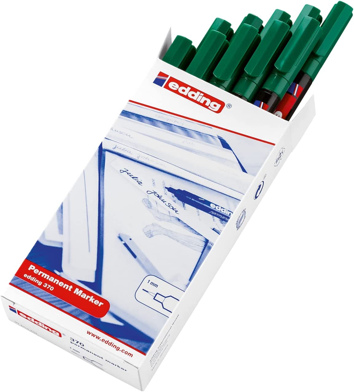 edding 370 - green - box of 10 - fine bullet nib 1 mm - waterproof, quick-drying - multi-purpose marker, universal pen - for cardboard, plastic, wood, metal, glass, pebbles, canvas