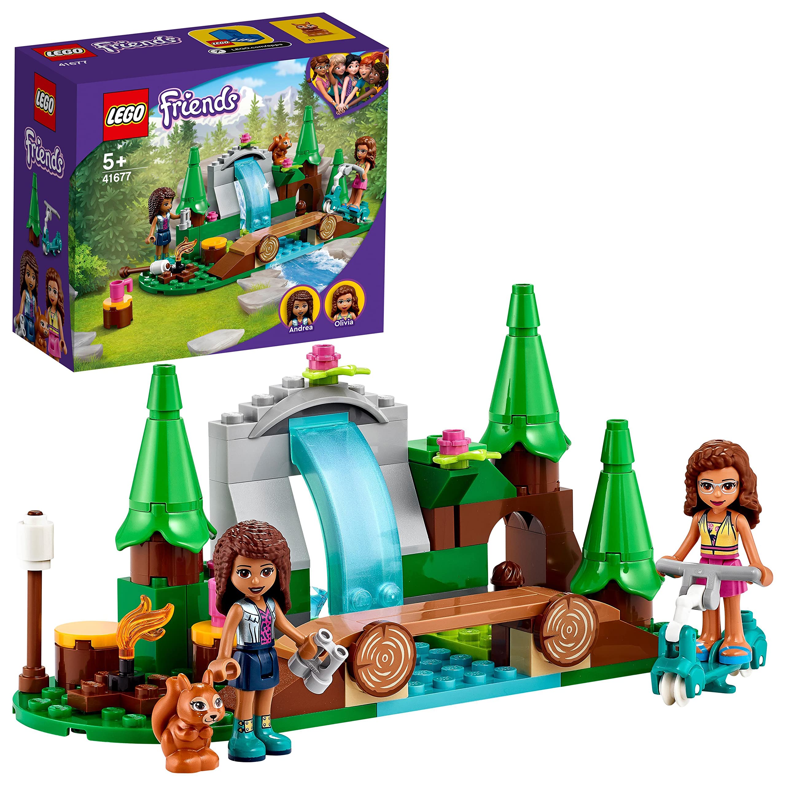 LEGO 41677 Friends Forest Waterfall Camping Adventure Set, Building Toys with Andrea and Olivia Mini-Dolls & 41738 Friends Dog Rescue Bike Toy Set + Bike Toy Set