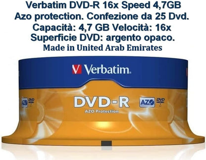 Verbatim DVD-R 16x Matt Silver 4.7GB, 25er Pack Spindel, DVD Rohlinge beschreibbar, 16-fache Brenngeschwindigkeit & Hardcoat Scratch Guard, DVD-R Rohlinge, DVD leer, Rohlinge DVD
