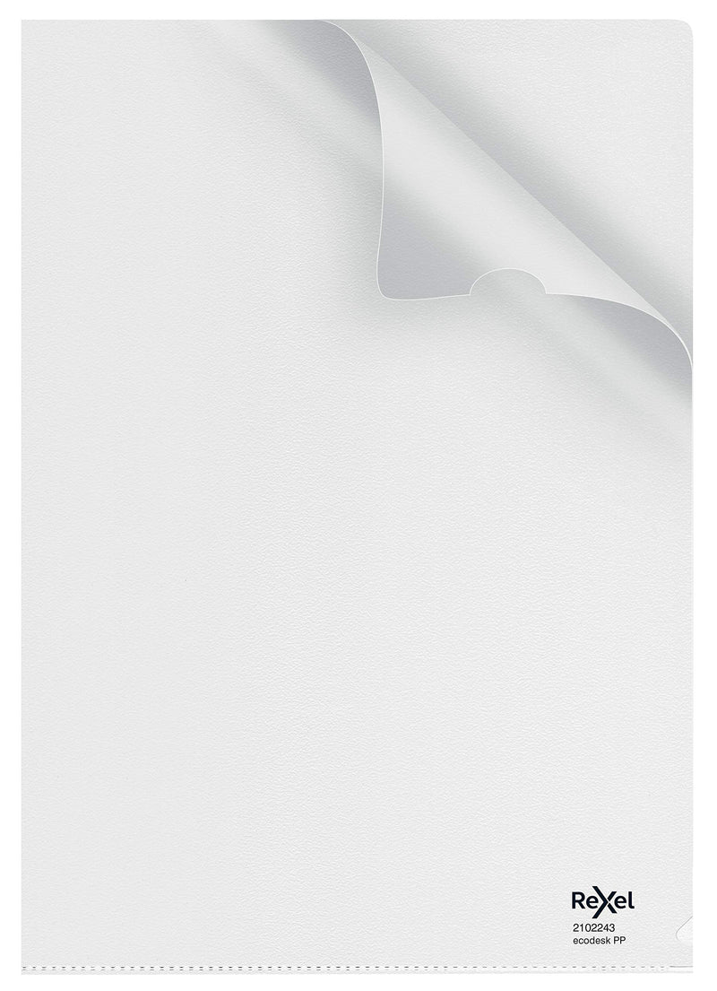 Rexel Ecodesk A4 Document Folders, Pack of 25,100% Recyclable, Eco friendly,140 Micron Thick, Embossed mat surface, 2102243, Clear