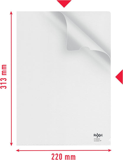 Rexel Ecodesk A4 Document Folders, Pack of 25,100% Recyclable, Eco friendly,140 Micron Thick, Embossed mat surface, 2102243, Clear