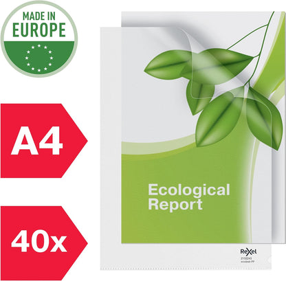 Rexel Ecodesk A4 Document Folders, Pack of 25,100% Recyclable, Eco friendly,140 Micron Thick, Embossed mat surface, 2102243, Clear